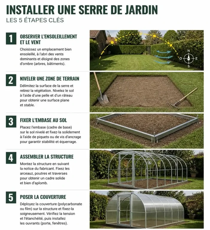 Étapes pour installer une serre de jardin : emplacement, nivellement, ancrage et montage