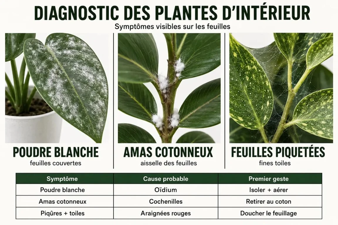 Maladie des plantes vertes : symptômes visuels, causes probables et premiers gestes