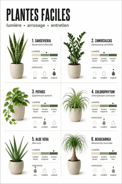 Plantes d’intérieur facile pour débutants : composition éditoriale avec sansevieria, zamioculcas, pothos et chlorophytum