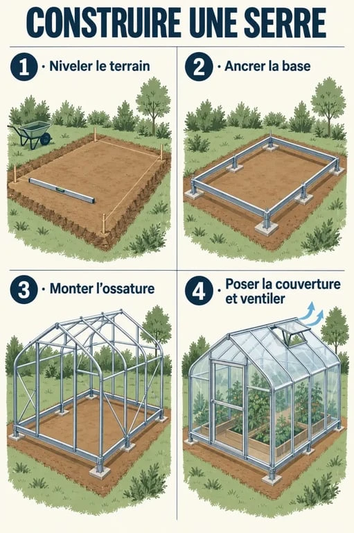 Étapes de construction d’une serre de jardin avec ancrage, couverture et ventilation
