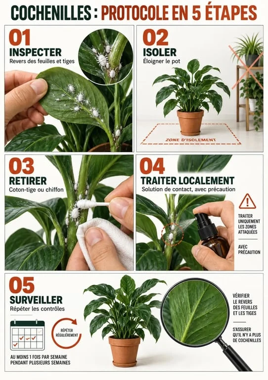 Étapes pour traiter les cochenilles sur des plantes vertes