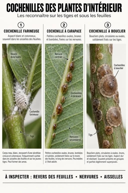Reconnaître les cochenilles sur les plantes vertes : formes blanches, brunes et à bouclier