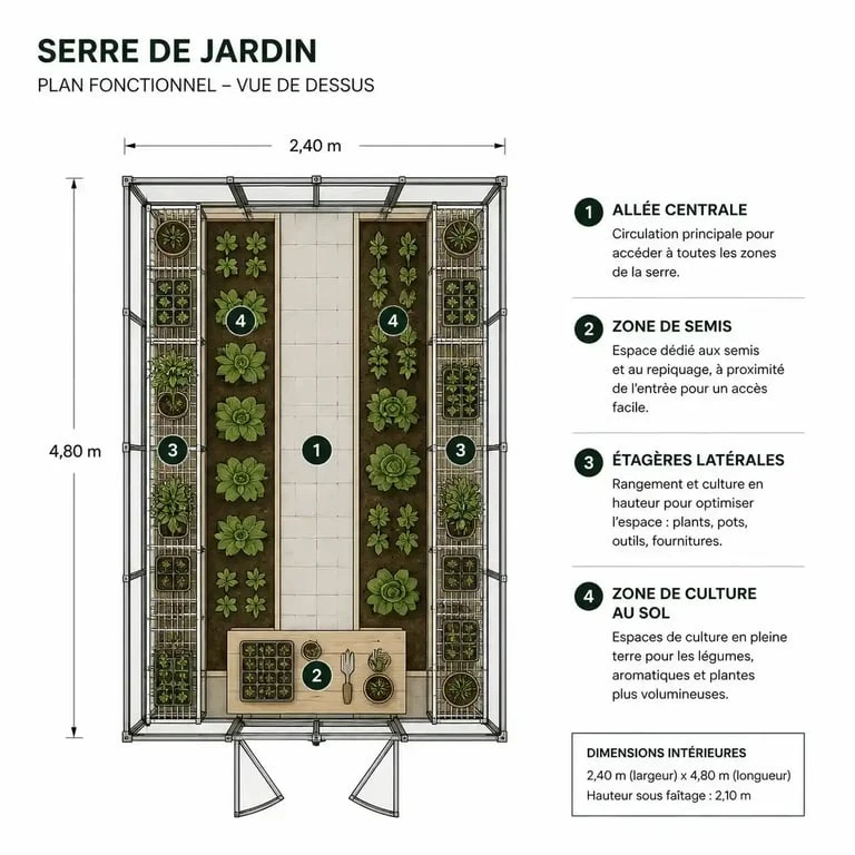 Plan d'aménagement d'une serre de jardin optimisée avec zonage fonctionnel