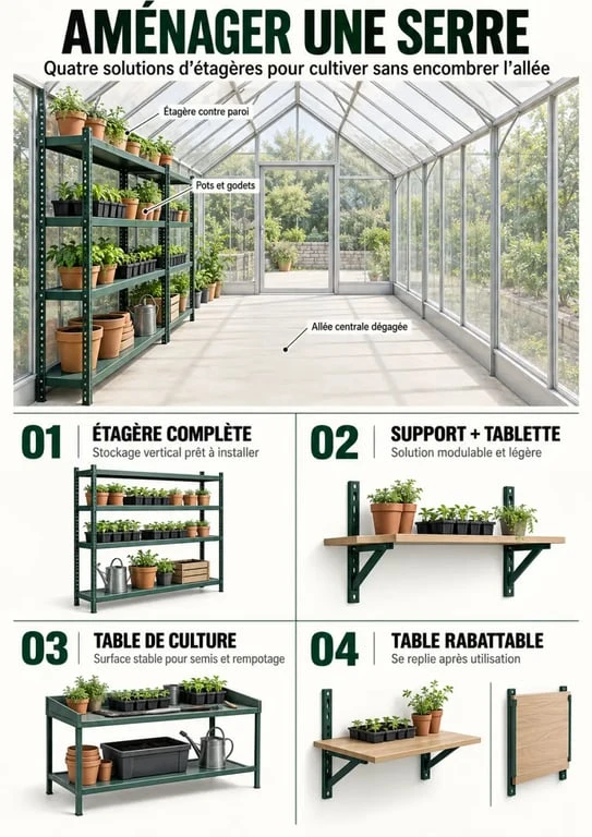 Infographie sur les solutions d'étagère pour serre de jardin