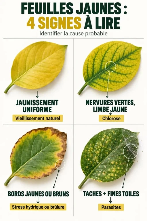 Infographie des causes des feuilles jaunes sur les plantes vertes selon le type de jaunissement