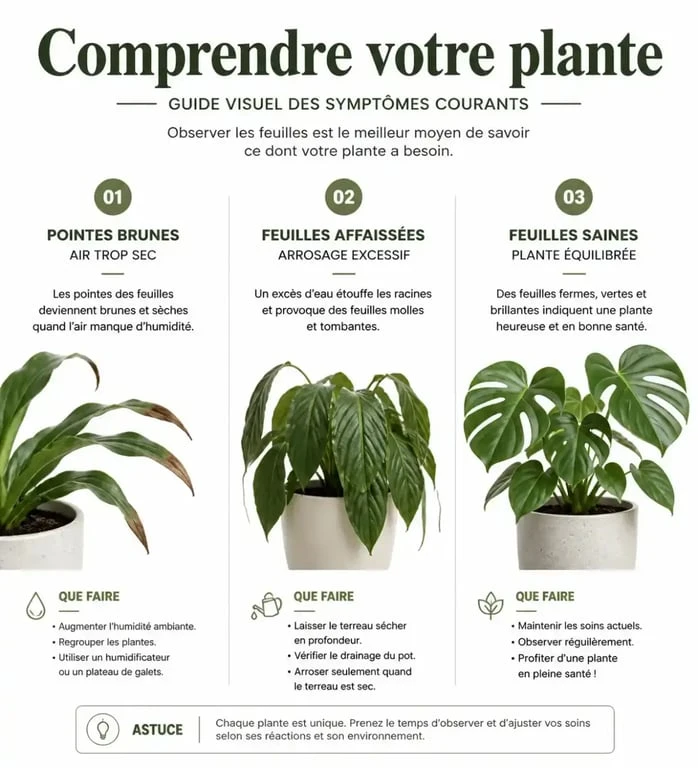 Guide visuel des symptômes de santé des plantes vertes et roses.