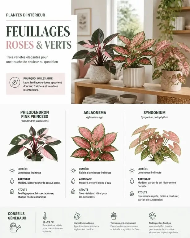Collection de plantes d'intérieur aux feuillages verts et roses pour la décoration.