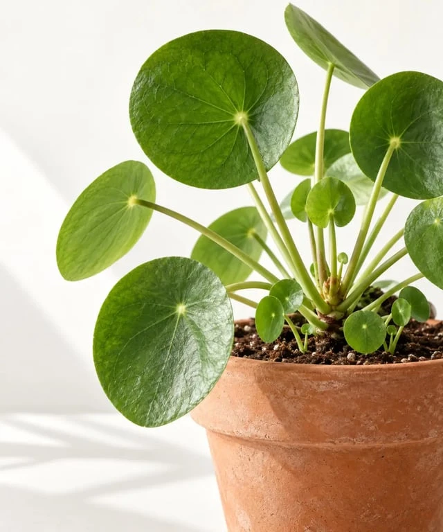 Pilea peperomioides, exemple de plantes vertes feuilles rondes avec pétioles centraux