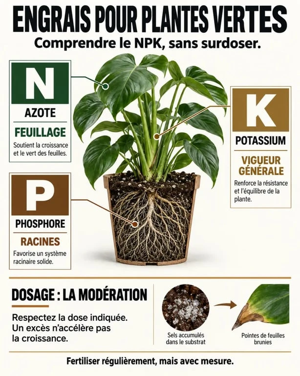 Infographie sur l’engrais pour plantes vertes et les rôles du NPK