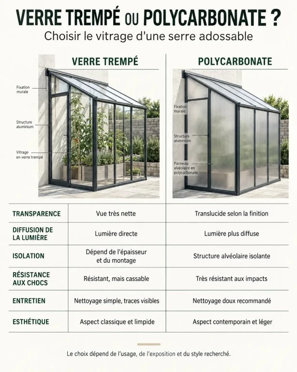 Infographie comparant le verre et le polycarbonate pour une serre de jardin adossable