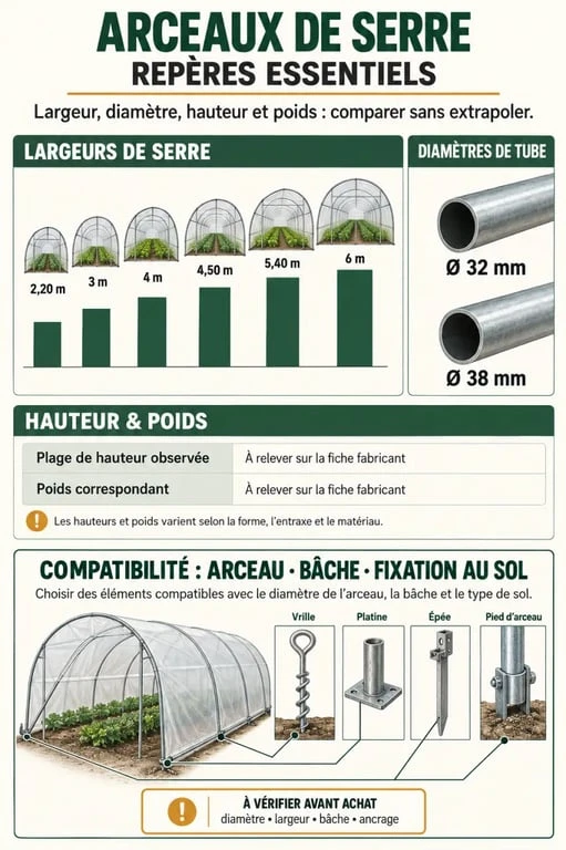 Infographie comparative des dimensions et fixations d'un arceau de serre de jardin
