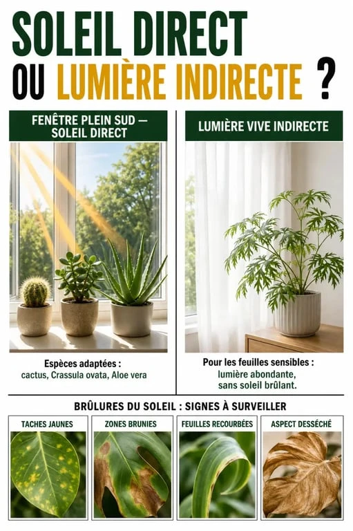 Plantes d intérieur soleil direct : comparaison entre exposition directe, lumière vive indirecte et signes de brûlure