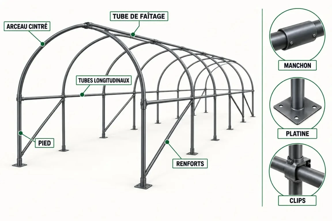 Schéma des éléments d'une armature de serre de jardin avec arceaux, pieds, faîtage et renforts