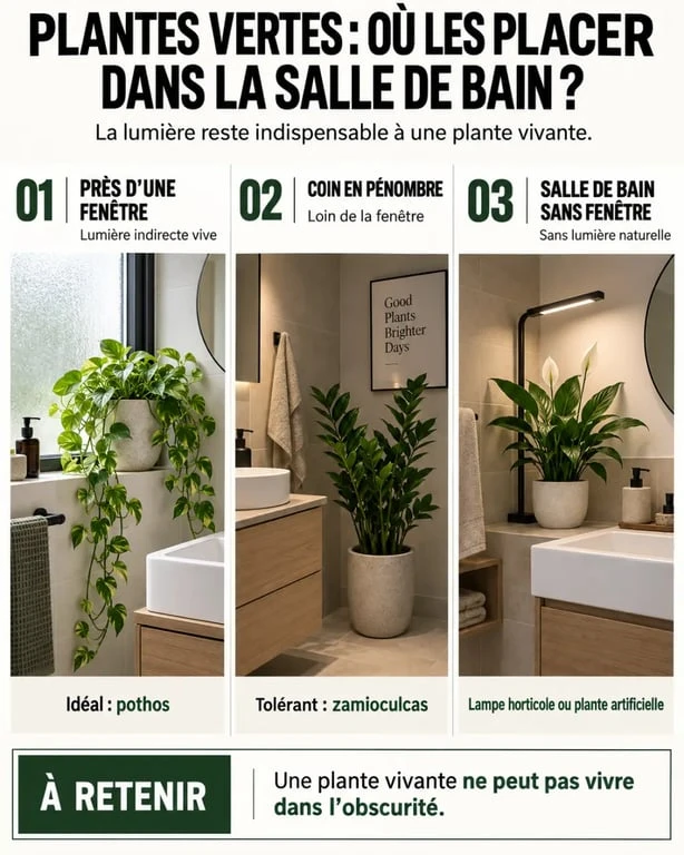 Infographie sur les plantes vertes pour salle de bain selon la luminosité et la présence d'une fenêtre