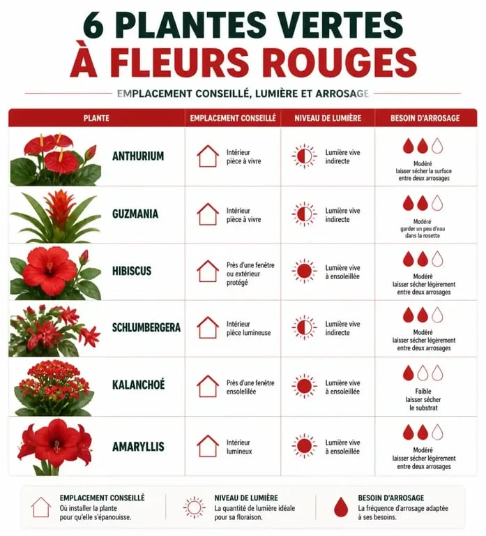 Plantes vertes fleurs rouges : comparaison de la lumière et de l’arrosage