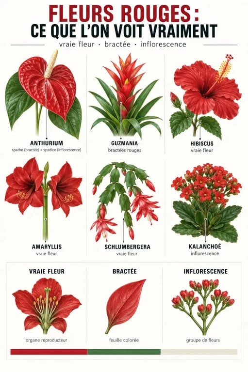 Plantes vertes fleurs rouges : différence entre fleurs, bractées et inflorescences