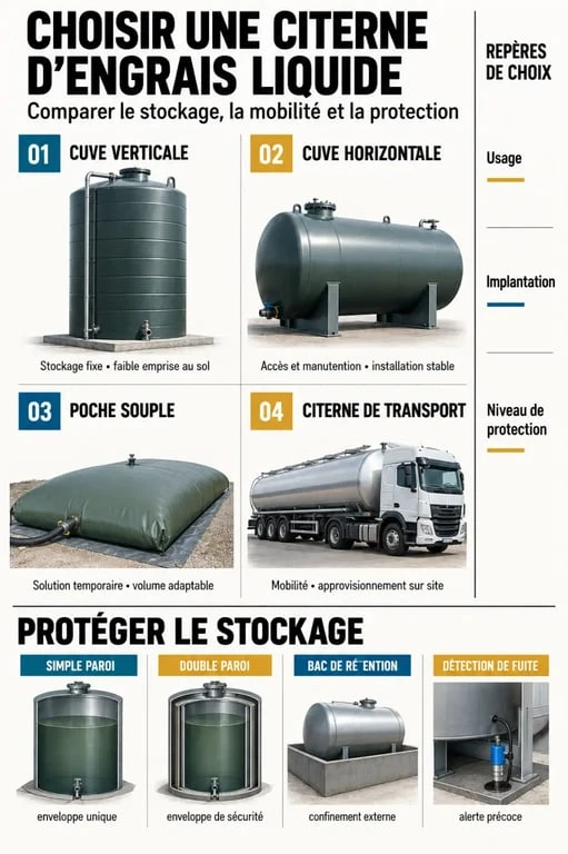Infographie comparant les configurations d’une citerne d’engrais liquide et ses dispositifs de sécurité
