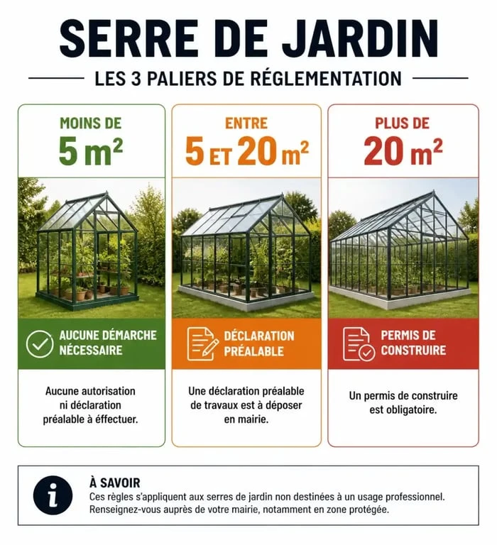 Infographie des seuils de déclaration pour une serre de jardin sans autorisation
