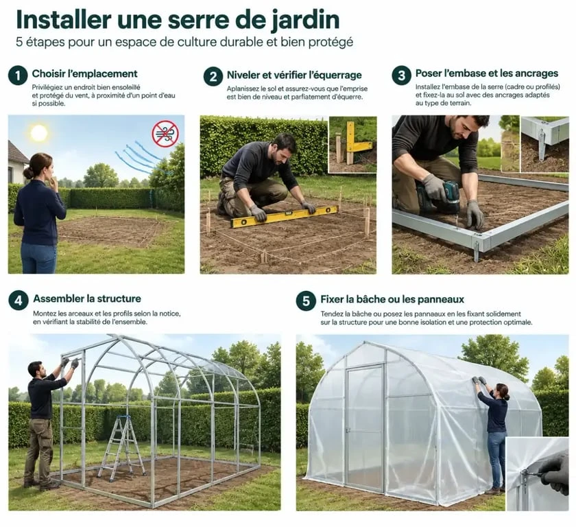 Étapes d’une installation de serre de jardin, du nivelage du terrain à la fixation de la structure