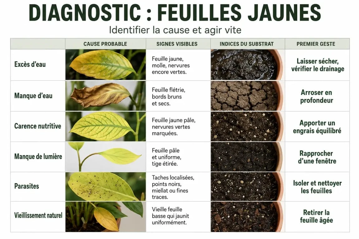 Carence jaunissement des feuilles plantes d intérieur : tableau comparatif des causes et symptômes sur feuilles de plantes d’intérieur