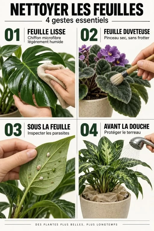 Nettoyer les feuilles des plantes vertes selon leur texture avec chiffon, pinceau et douche douce