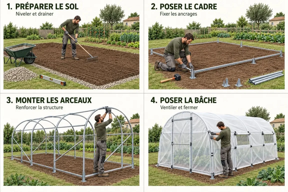 Illustration des étapes pour fabriquer une serre de jardin tunnel