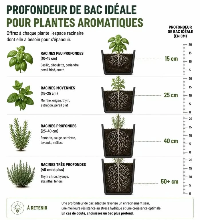 Schéma des profondeurs de bac recommandées pour cultiver des plantes aromatiques en bac
