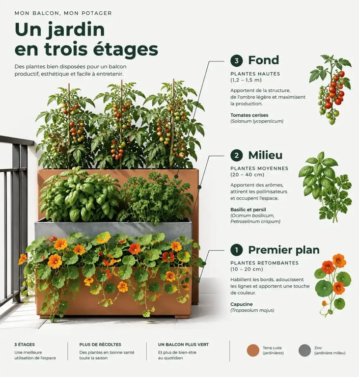 Schéma d'organisation pour aménager un potager urbain esthétique sur son balcon avec trois hauteurs de plantes