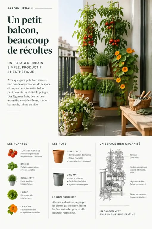 Aménagement d'un potager urbain esthétique sur son balcon avec des pots en terre cuite et zinc