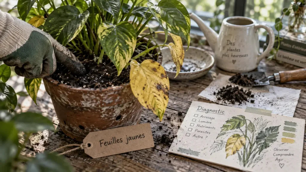 Feuilles jaunes sur une plante verte : quand s’inquiéter et quoi vérifier d’abord