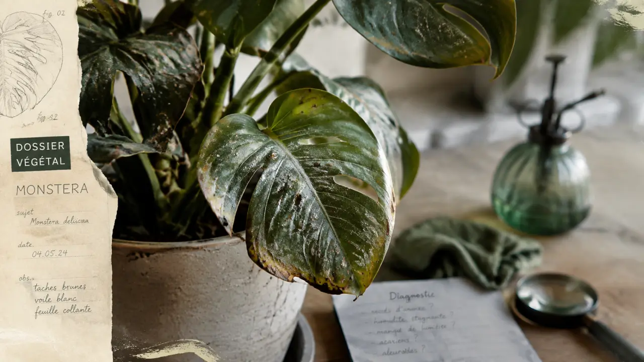 Maladie des plantes vertes : feuilles jaunes, taches brunes et voile poudreux sur Monstera