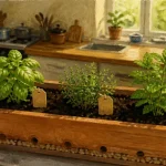Plantes aromatiques en bac : basilic, thym et menthe sur balcon