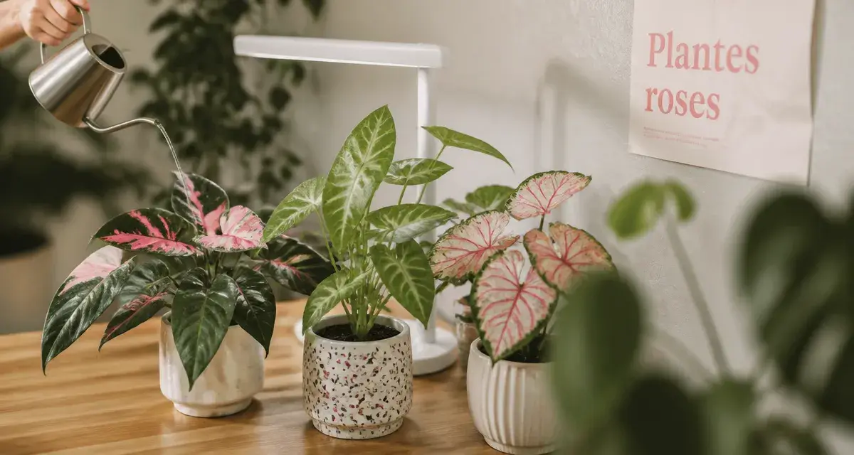 Plantes vertes et roses en pots : Philodendron rose, vert et caladium bicolor