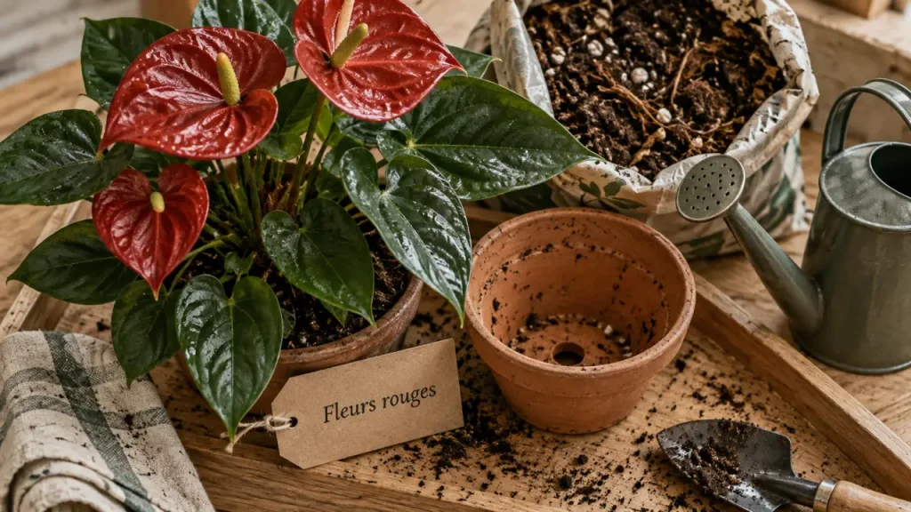 Les plantes vertes à fleurs rouges adaptées à la lumière sans soleil direct