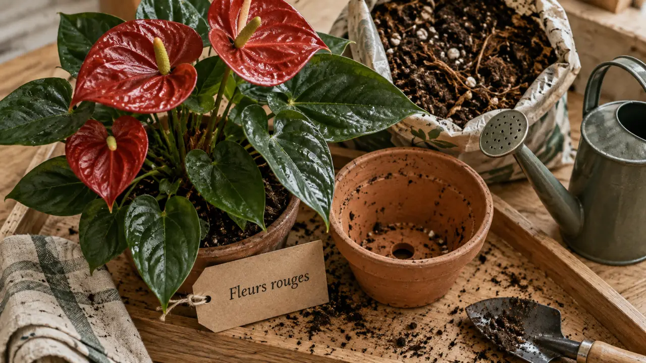 Plantes vertes fleurs rouges : anthurium rouge en lumière diffuse