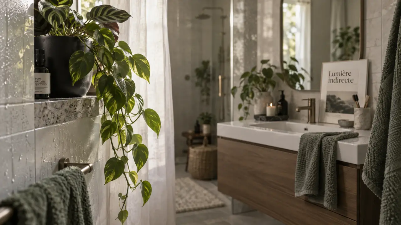 Plantes vertes pour salle de bain : pothos et calathéa sous lumière indirecte