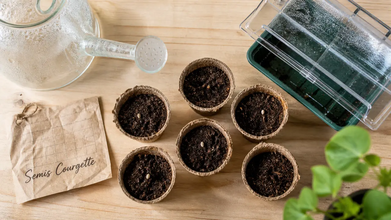 Semis courgette intérieur : godets et graines à 20-22 °C