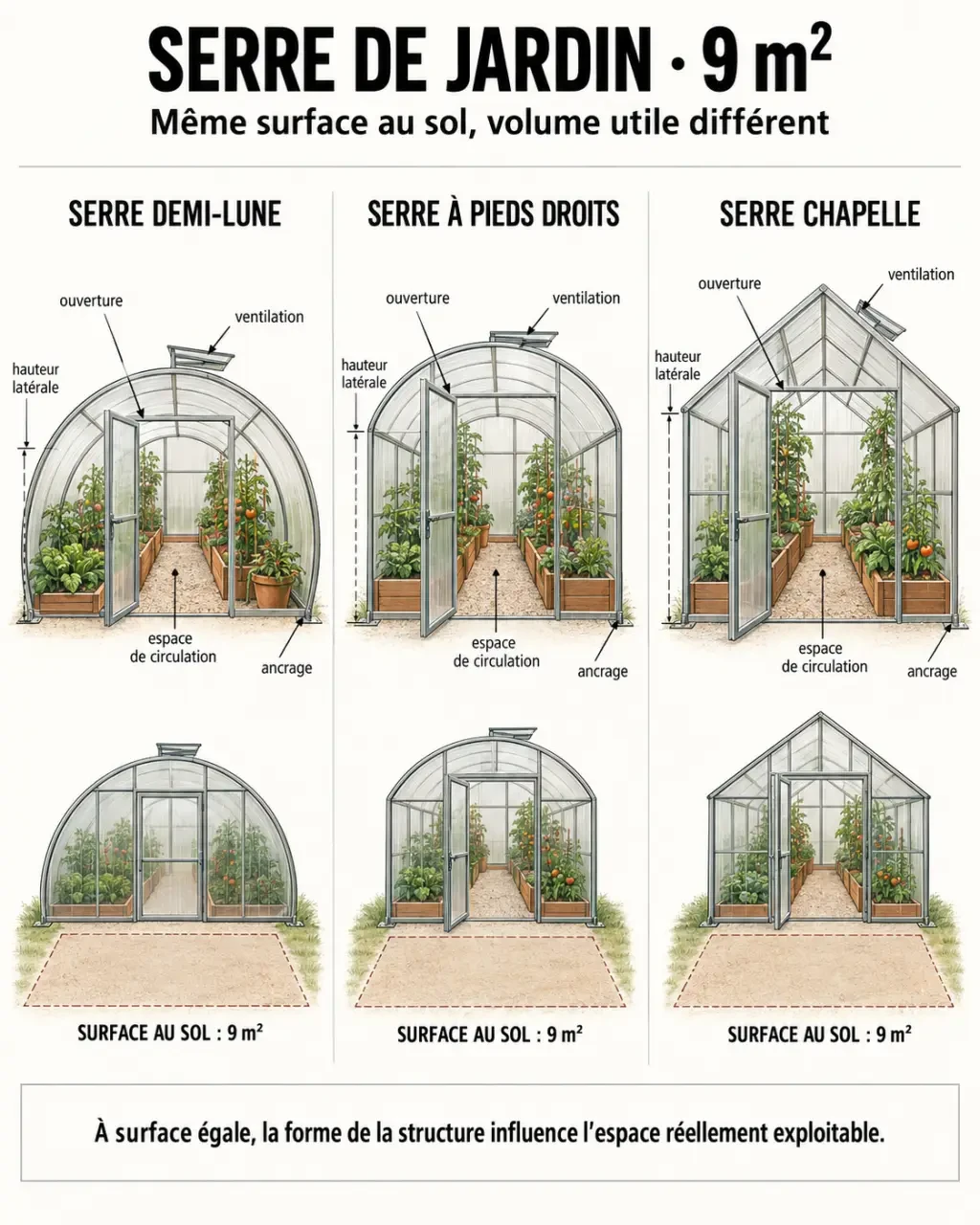 Infographie sur le choix d’une serre de jardin 9m2 selon la forme, la hauteur et la ventilation