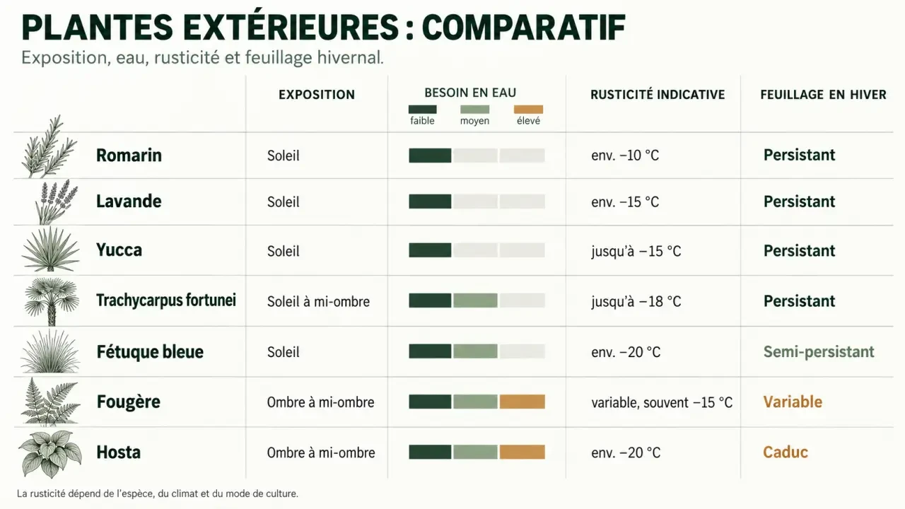 Plantes vertes extérieures comparées selon l’exposition, l’arrosage et la rusticité