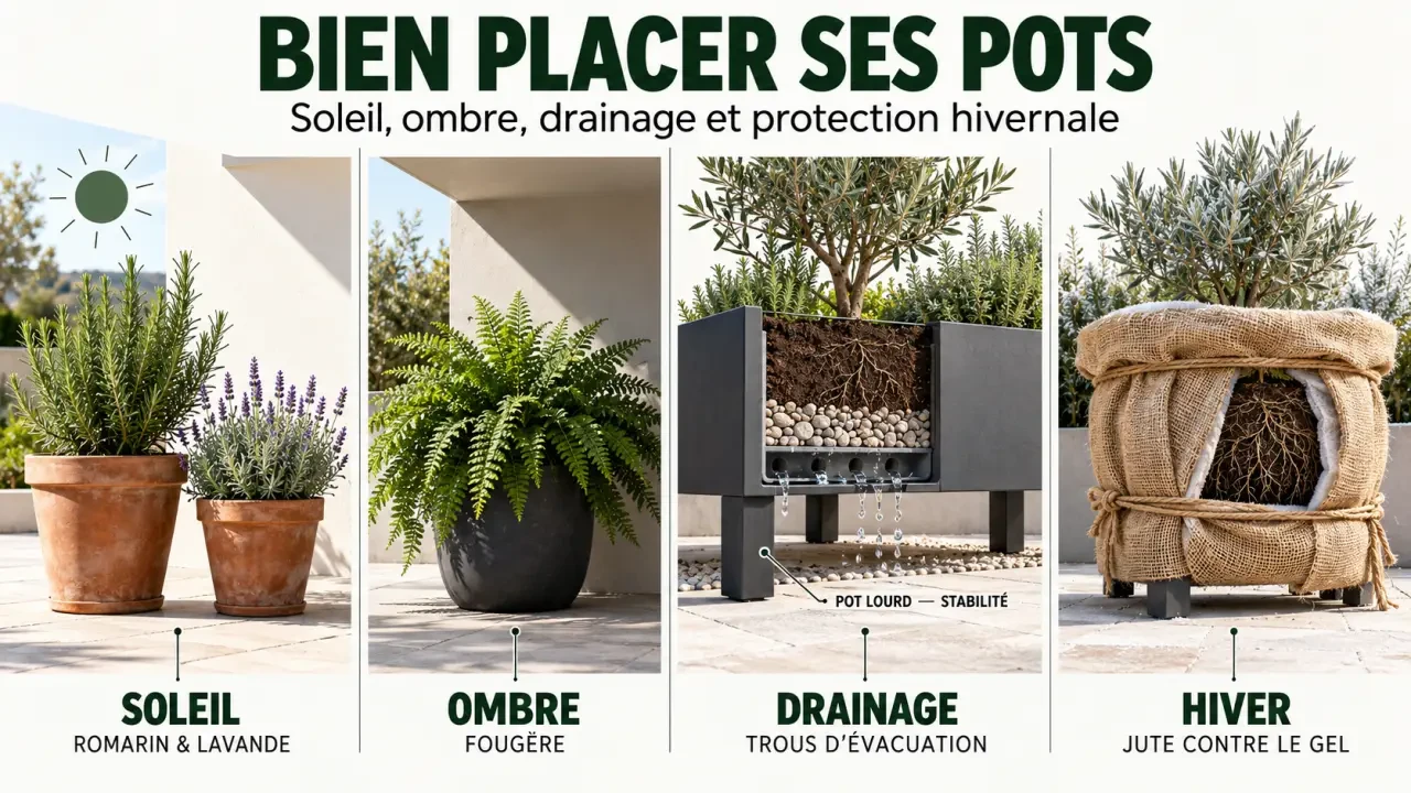 Plantes vertes extérieures en pots sur une terrasse avec drainage et protection hivernale