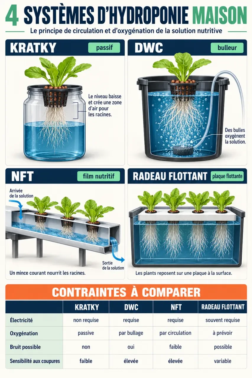 Infographie des systèmes d’hydroponie maison Kratky, DWC, NFT et radeau flottant
