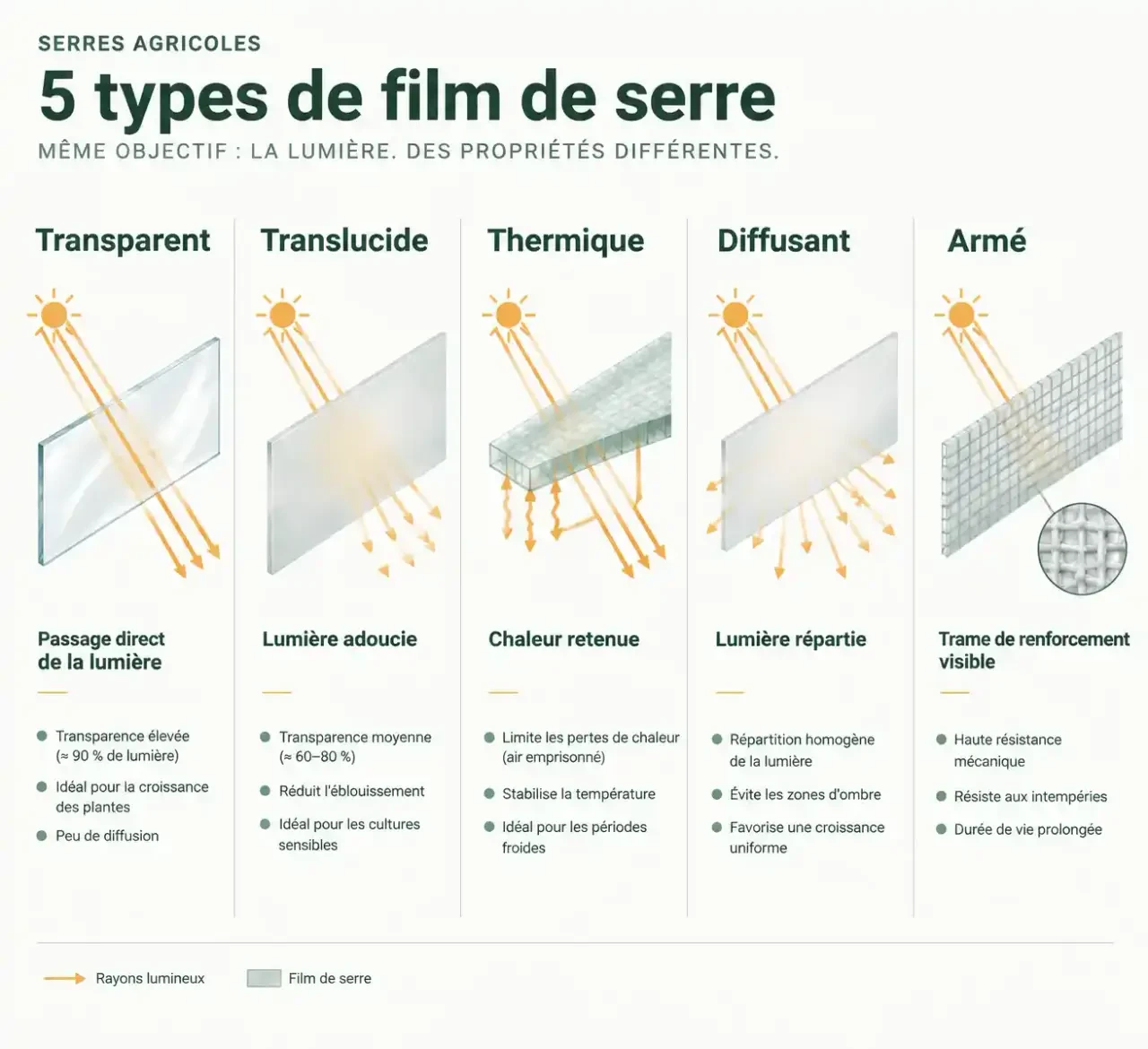Comparaison visuelle des types de plastique pour serre de jardin : transparent, translucide, thermique, diffusant et armé