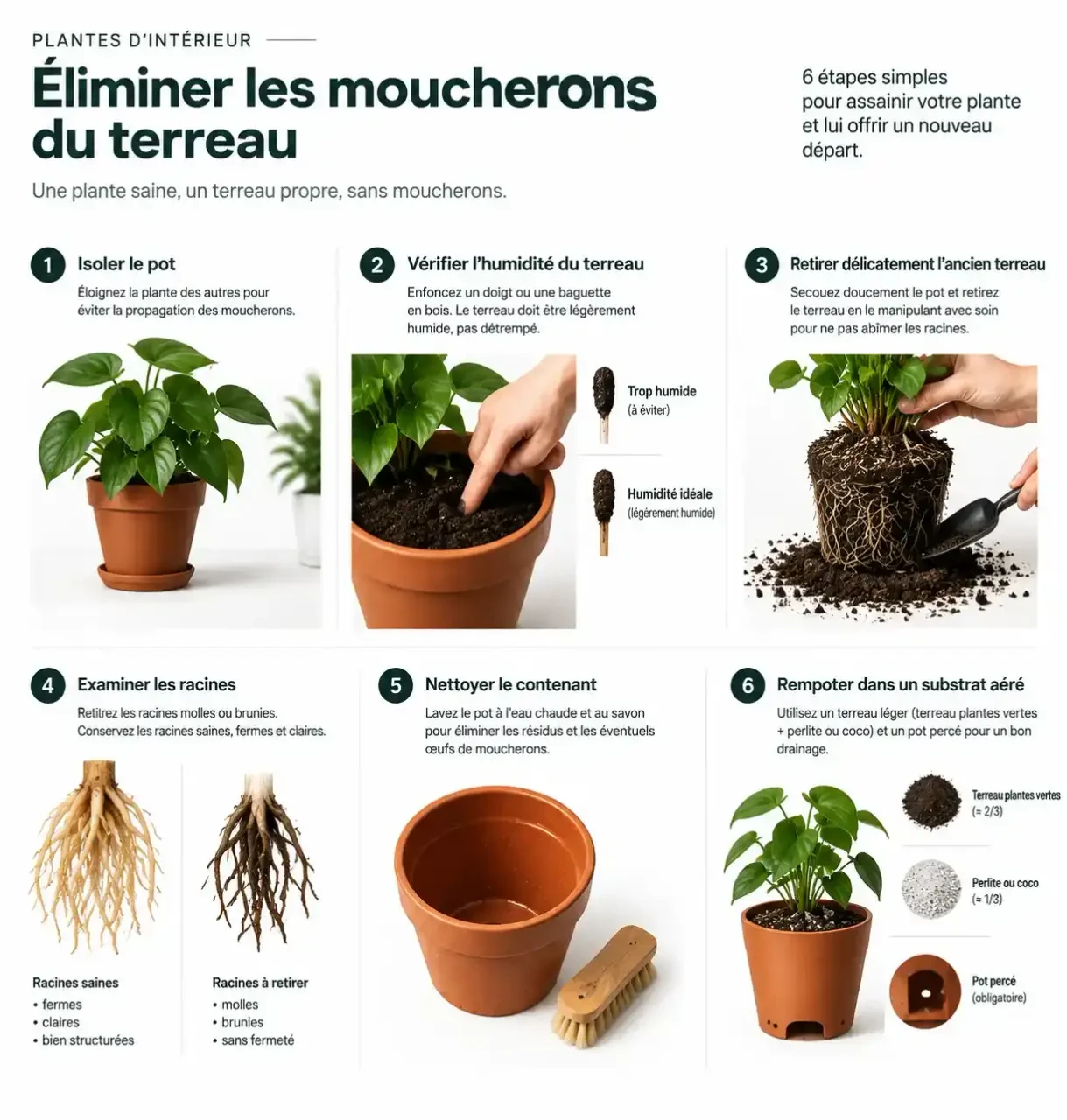 Étapes pour éliminer les moucherons plantes vertes par inspection et rempotage