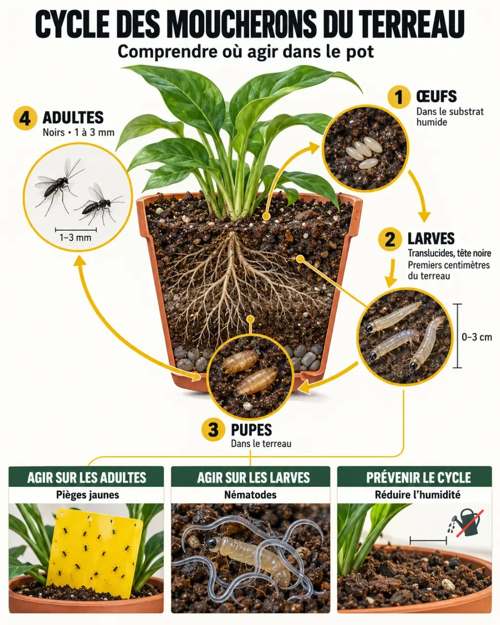Cycle des moucherons plantes vertes, des larves dans le terreau aux adultes autour du pot