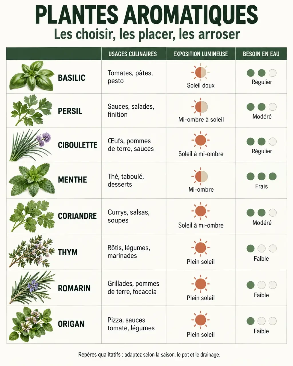 Infographie sur les plantes aromatiques dans la cuisine et leurs besoins de culture