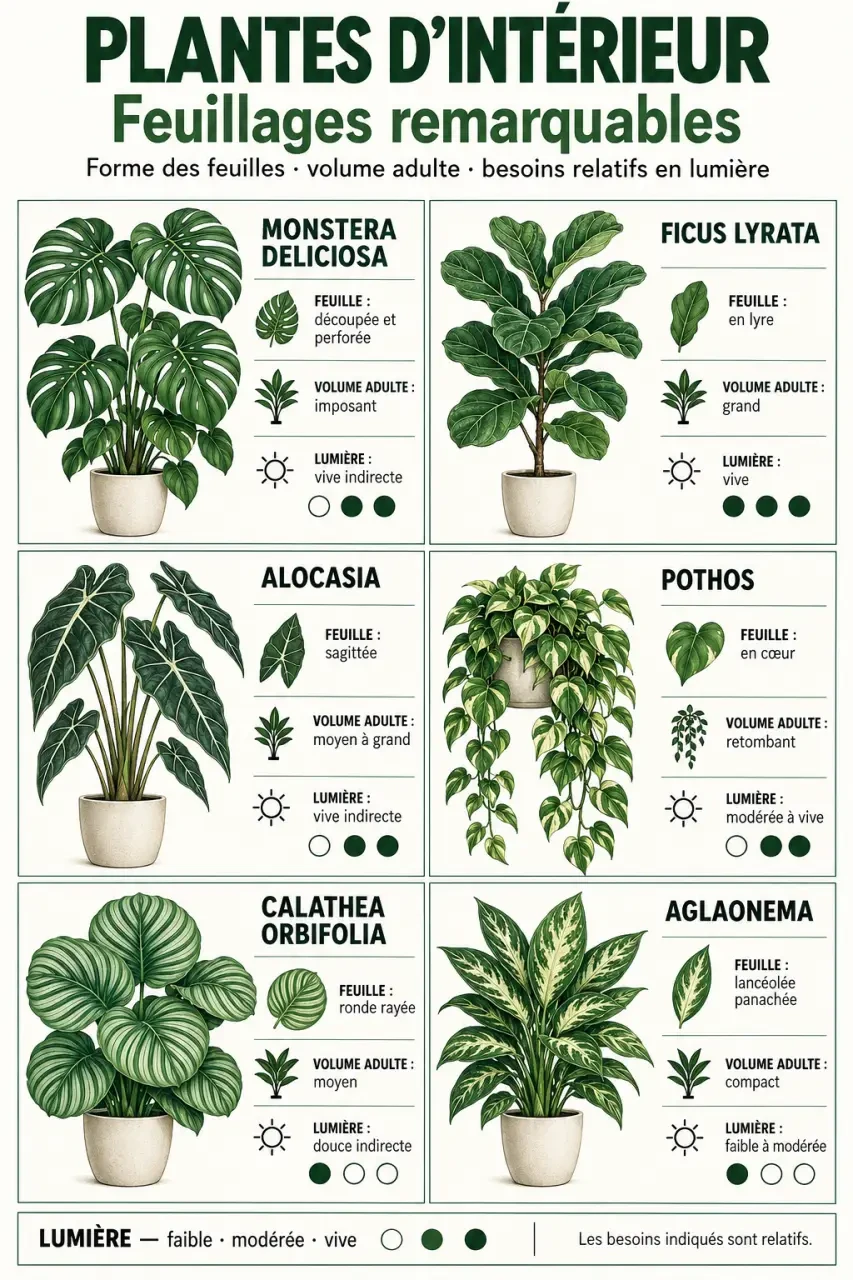 Infographie des feuilles de plantes d’intérieur Monstera Ficus Calathea Pothos et Aglaonema