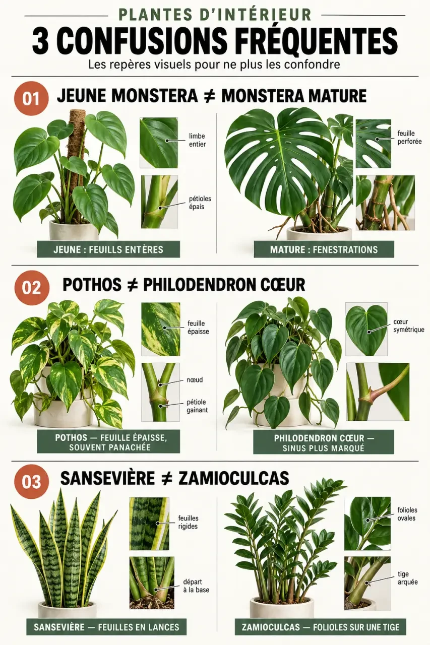 Plantes d'intérieur photos et noms : différences visuelles entre monstera, pothos, philodendron, sansevière et zamioculcas