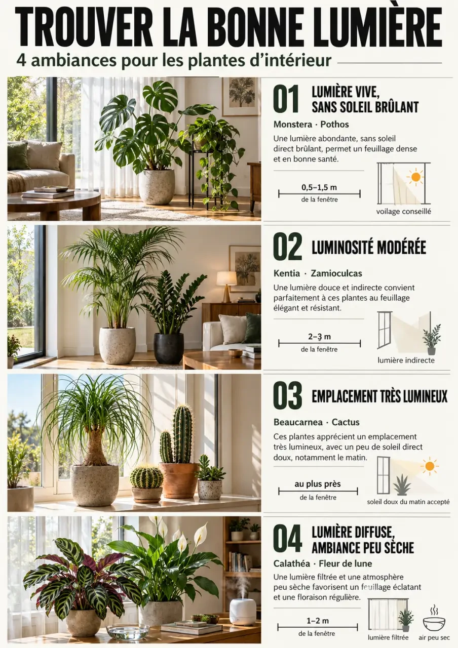 Plantes d'intérieur photos et noms selon la luminosité : monstera, pothos, kentia, zamioculcas, calathéa et fleur de lune
