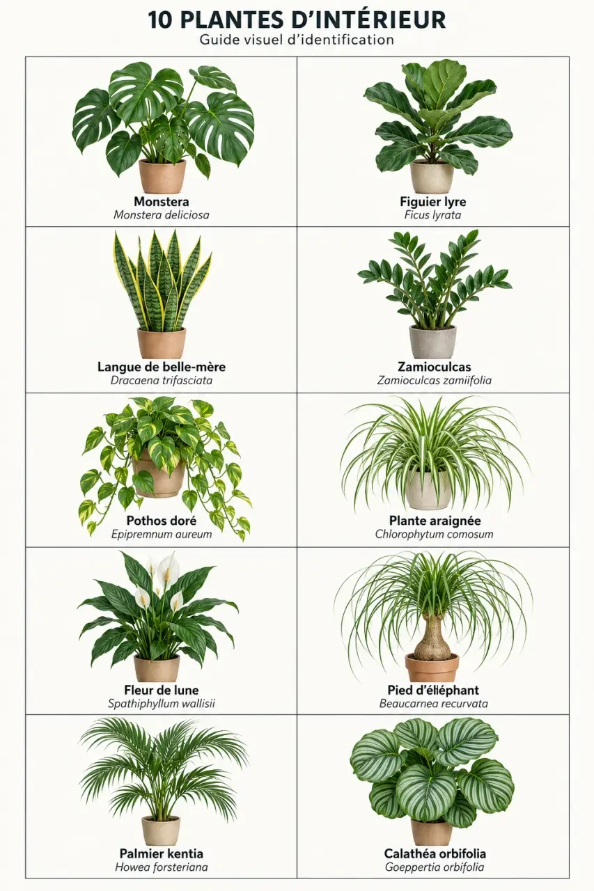 Plantes d'intérieur photos et noms : planche visuelle de dix espèces courantes