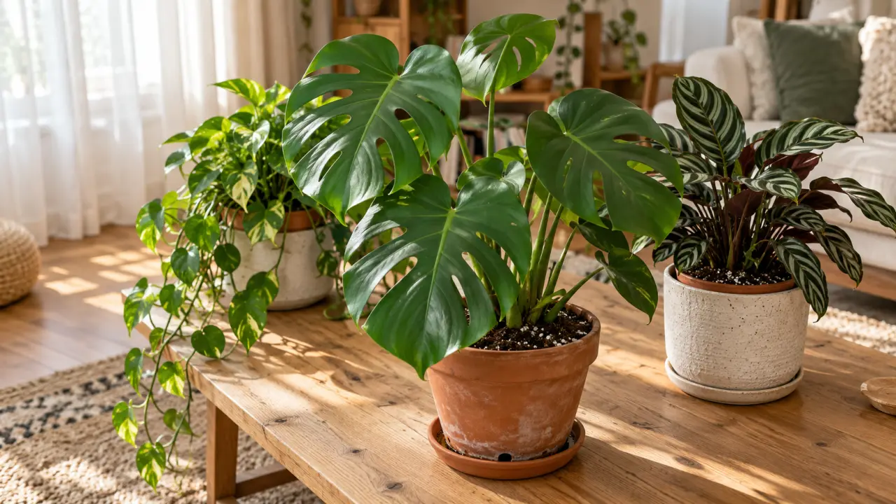 Feuille plantes d intérieur Monstera, Pothos et Calathea marbrées, lumière naturelle